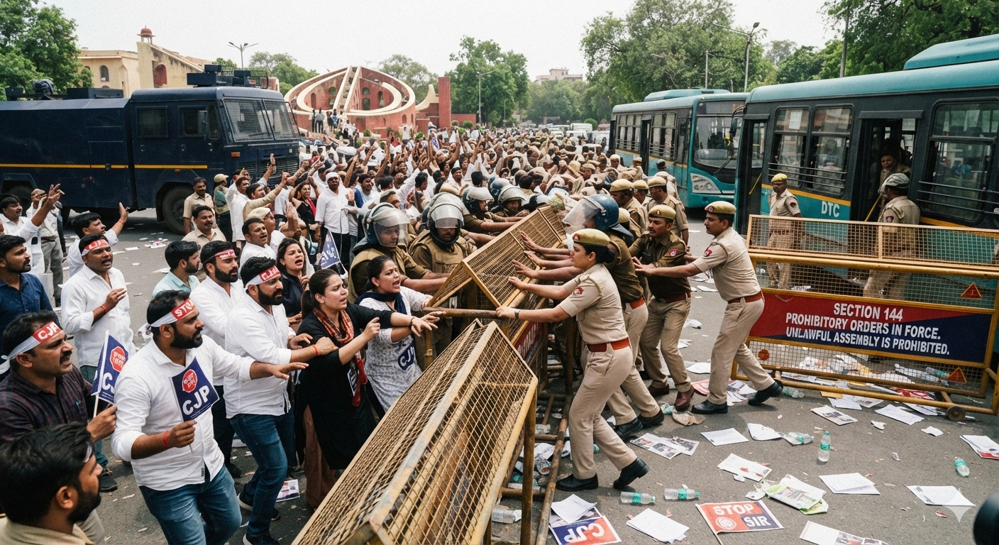 दिल्ली के जंतर-मंतर पर लगे सुरक्षा बैरिकेड्स और पुलिस बल