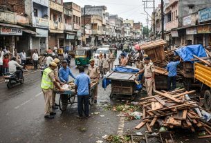 बांसवाड़ा में पुलिस और नगर परिषद की संयुक्त टीम सड़क किनारे से अतिक्रमण हटाते हुए
