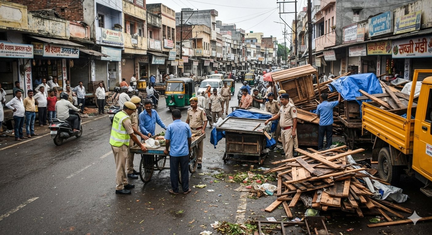 बांसवाड़ा में पुलिस और नगर परिषद की संयुक्त टीम सड़क किनारे से अतिक्रमण हटाते हुए