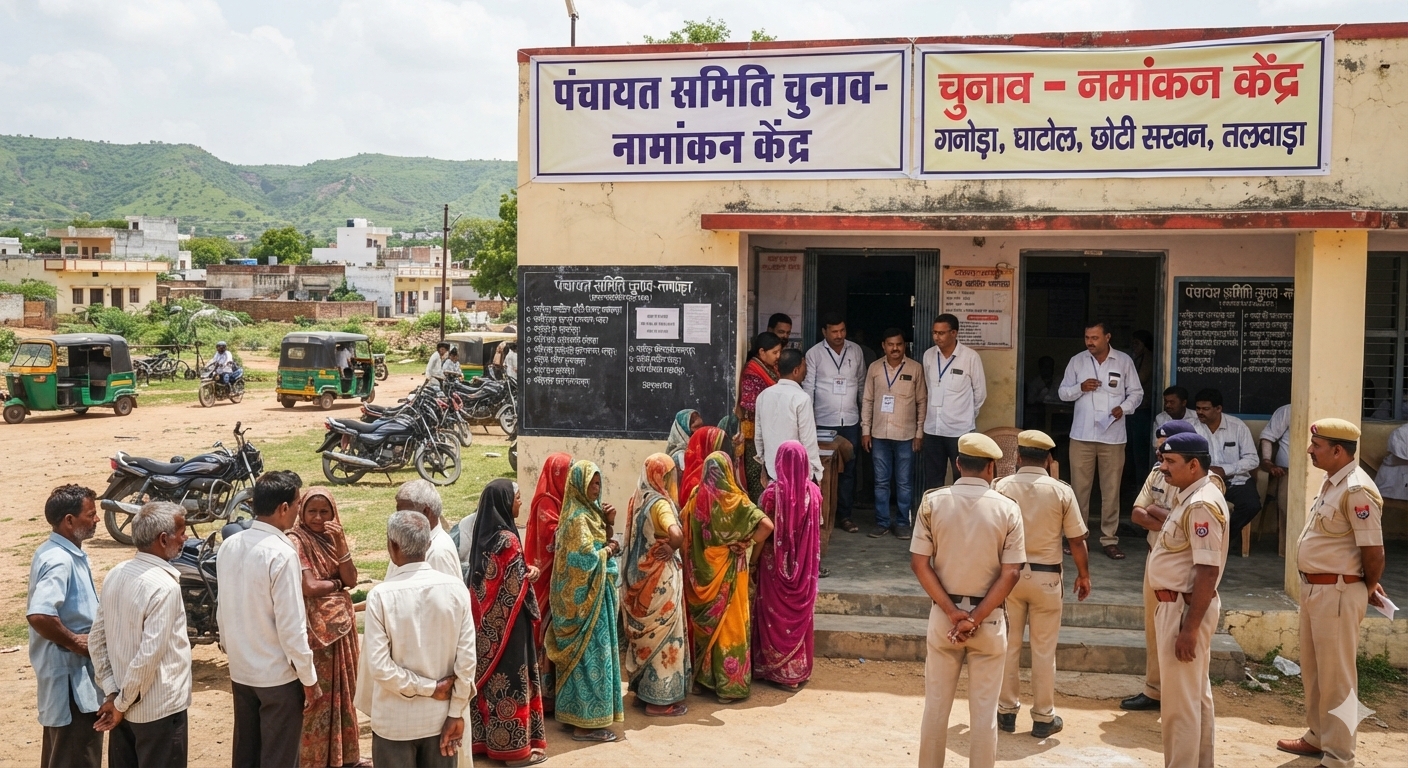 चुनावी हलचल और राजनीतिक दल का प्रतीकात्मक दृश्य