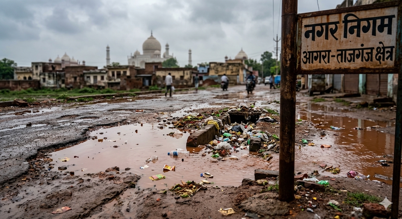आगरा के ताजगंज इलाके में सड़क पर जलभराव और गड्ढों की समस्या